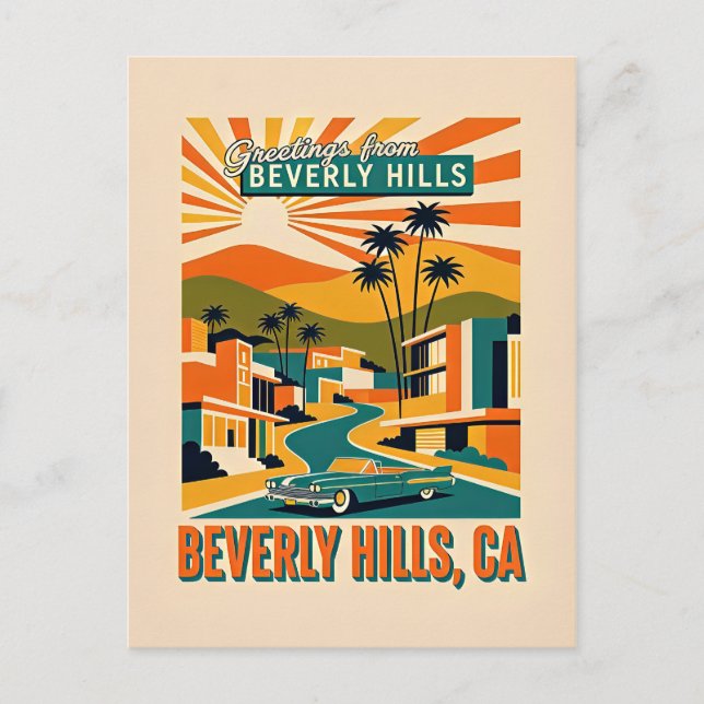 Beverly Hills, CA Retro Whimsical Colorful Postcard (Front)