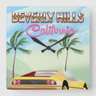 Beverly Hills California retro travel poster Square Wall Clock