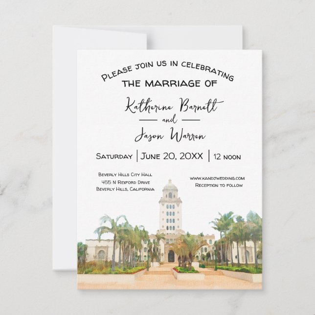 Beverly Hills City Hall Save the Date Watercolor Invitation (Front)