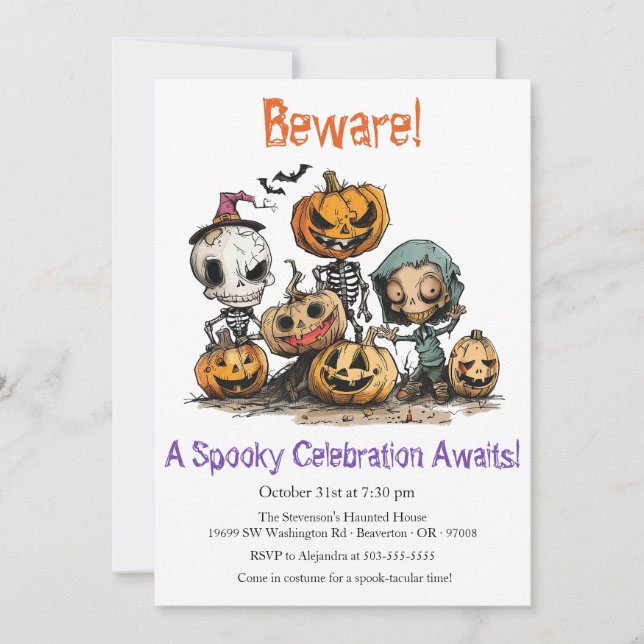 "Beware! A Spooky Celebration Awaits!" Halloween Invitation (Front)