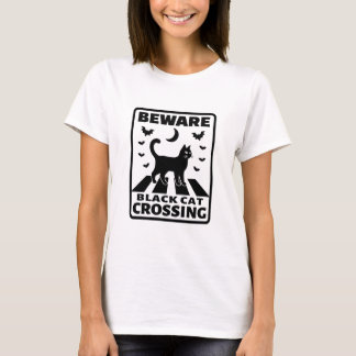 Beware Black Cat Crossing Funny Halloween T-Shirt