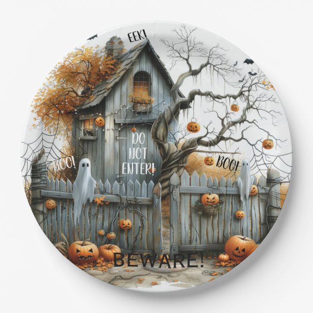 Beware & Boo – The Haunted Gatehouse Paper Plates (Front)