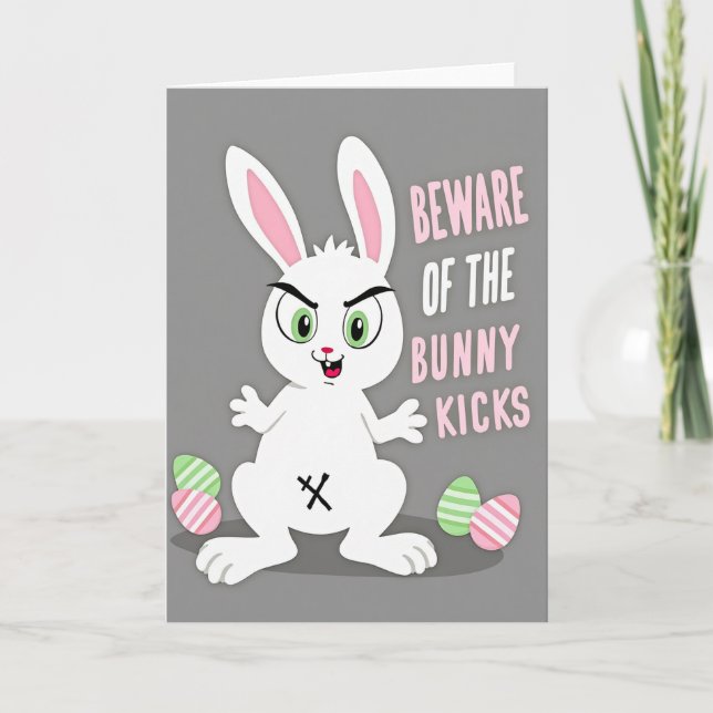 Beware Bunny Kicks Funny Card (Front)