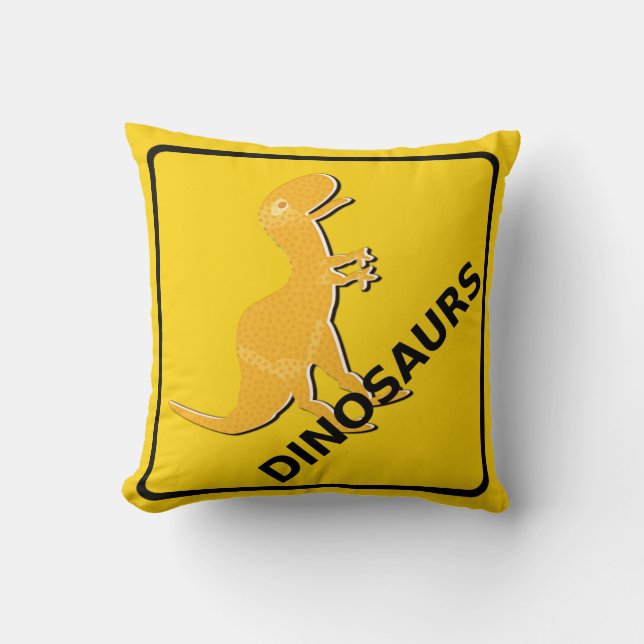 Beware Cartoon Dinosaurs Warning Sign T-Rex Throw Pillow (Front)