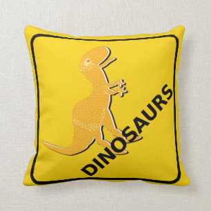 Beware Cartoon Dinosaurs Warning Sign T-Rex Throw Pillow
