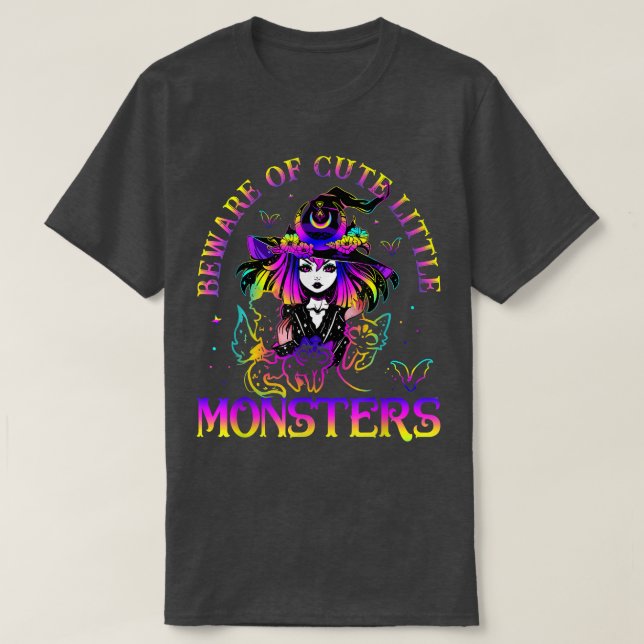 Beware Cute Little Monsters Black Cat Witch Hallow T-Shirt (Design Front)