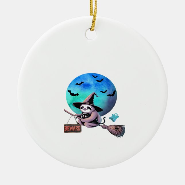 Beware Cute Witch Sloth Flying on Broom Halloween  Ceramic Ornament (Front)