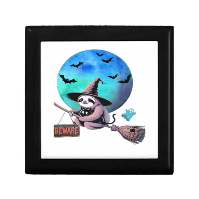 Beware Cute Witch Sloth Flying on Broom Halloween  Gift Box (Front)