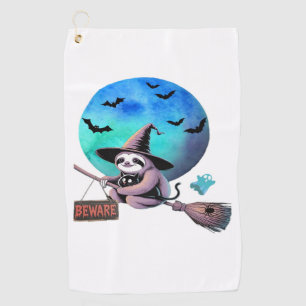 Beware Cute Witch Sloth Flying on Broom Halloween Golf Towel