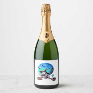 Beware Cute Witch Sloth Flying on Broom Halloween Sparkling Wine Label