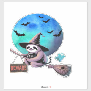 Beware Cute Witch Sloth Flying on Broom Halloween Sticker