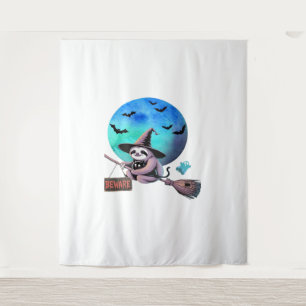 Beware Cute Witch Sloth Flying on Broom Halloween Tapestry