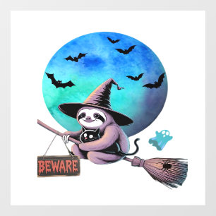 Beware Cute Witch Sloth Flying on Broom Halloween Window Cling