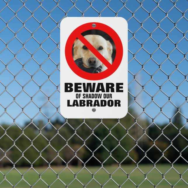 Beware dog sign add your own dog photo name white (In Situ(Fence))