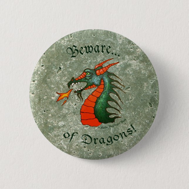 Beware Dragons Stone Green Button (Front)