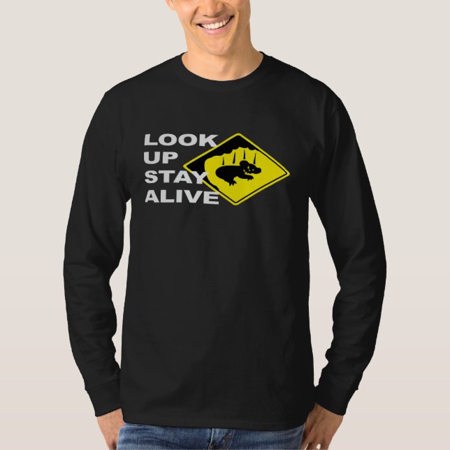 Beware Drop Bears Look Up Stay Alive Funny Aussie T-Shirt (Front)