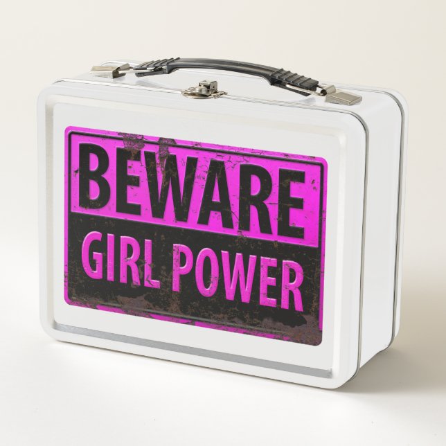 BEWARE Girl Power - Pink Black Metal Danger Sign Metal Lunch Box (Front)