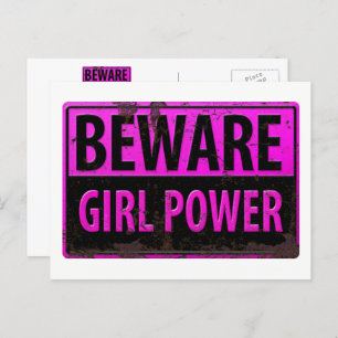 BEWARE Girl Power - Pink Black Metal Danger Sign Postcard