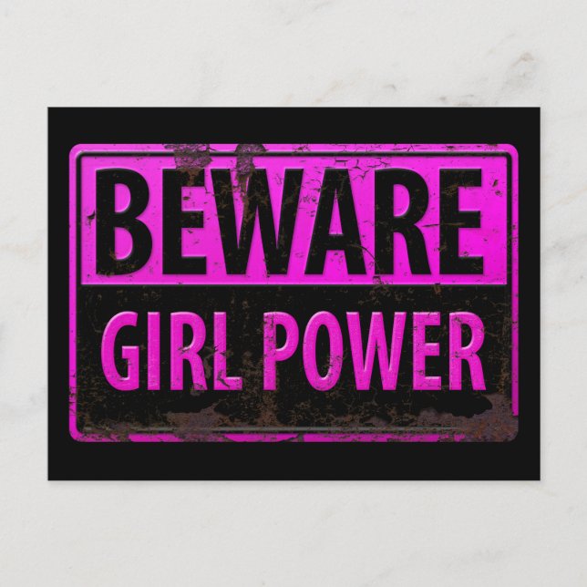 BEWARE Girl Power - Pink Black Metal Danger Sign Postcard (Front)