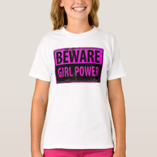 BEWARE Girl Power - Pink Black Metal Danger Sign T-Shirt