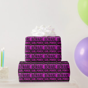 BEWARE Girl Power - Pink Black Metal Danger Sign Wrapping Paper