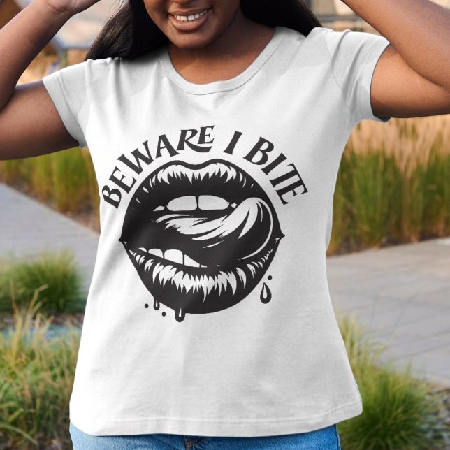 Beware I Bite – Vampire Lips Halloween T-Shirt (beware i bite shirt)