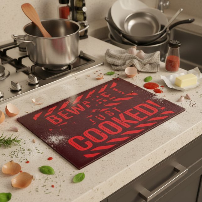 Beware I Just Cooked Funny Cutting Board (A bold glass board for cooks who create masterpieces… or total kitchen chaos.)