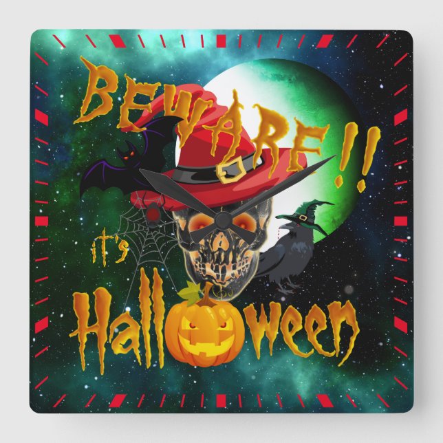Beware it's Halloween Creepy Skull & Moon Square Wall Clock (Front)