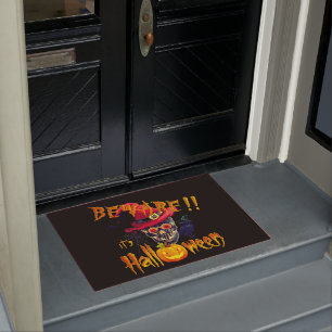 Beware it's Halloween Skull and Pumpkin Doormat