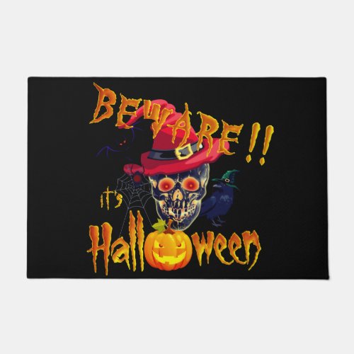 Beware its Halloween Skull and Pumpkin Doormat