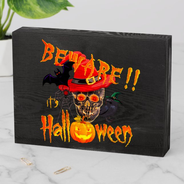 Beware it's Halloween Skull and Pumpkun Wooden Box (In Situ Horizontal)