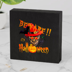 Beware it's Halloween Skull and Pumpkun Wooden Box
