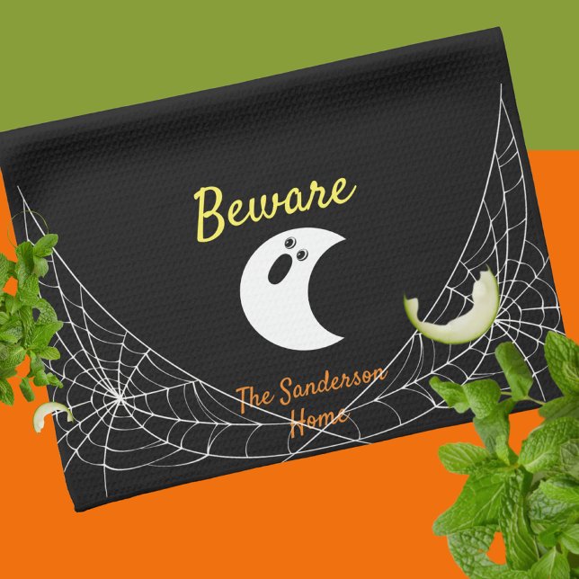Beware Modern Minimalistic Ghost Halloween Family Kitchen Towel (Creator Uploaded)