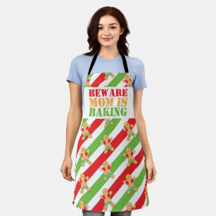 BEWARE Mom is baking gingerbread man red green Apron
