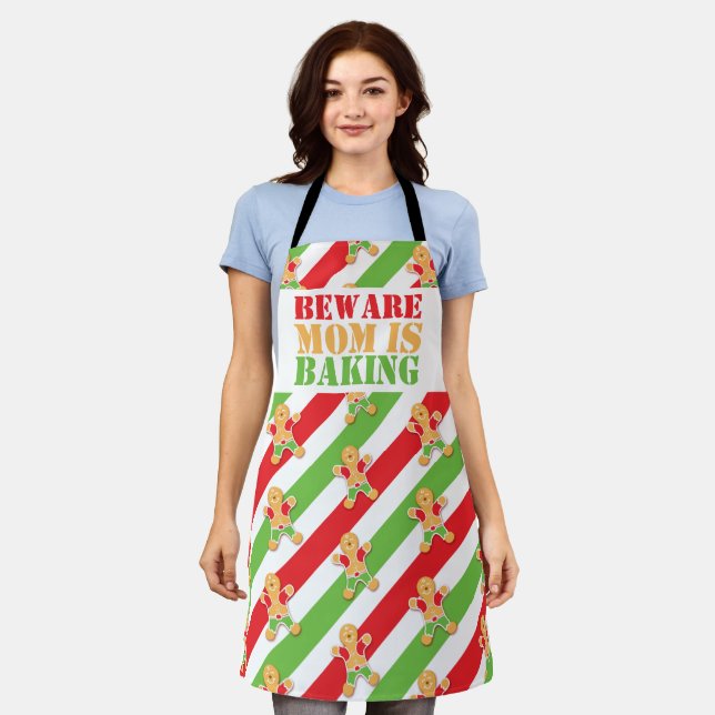 BEWARE Mom is baking gingerbread man red green Apron (Worn)