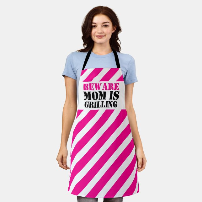 BEWARE Mom is grilling graphic pink caution stripe Apron (Worn)