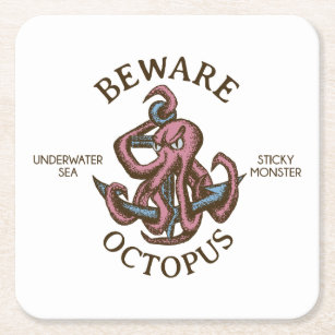 Beware Octopus Nautical Creature Tentacle Monster Square Paper Coaster