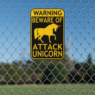 Beware of Attack Unicorn Warning Black Yellow Metal Sign