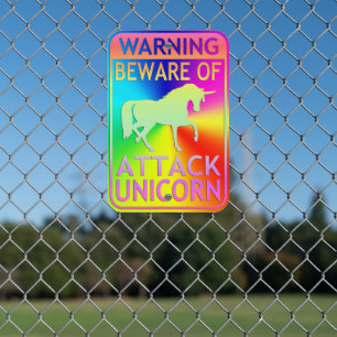 Beware of Attack Unicorn Warning Rainbow Burst Metal Sign