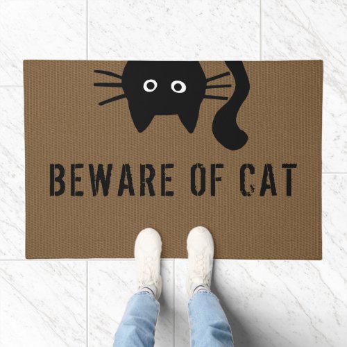 Beware of Cat  Funny Black Kitty Peeking Humorous Doormat