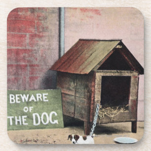 Beware of dog sign with small dog beverage coaster