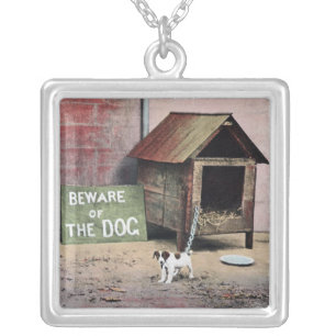 Beware of dog sign with small dog silver plated necklace