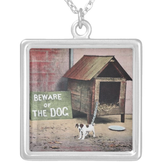 Beware of dog sign with small dog silver plated necklace (Front)