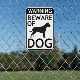 Beware of Dog Warning Black White Metal Sign