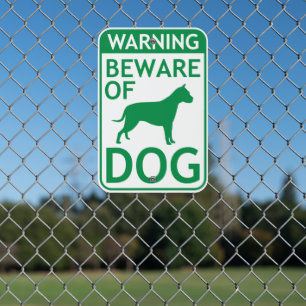 Beware of Dog Warning Green White Metal Sign