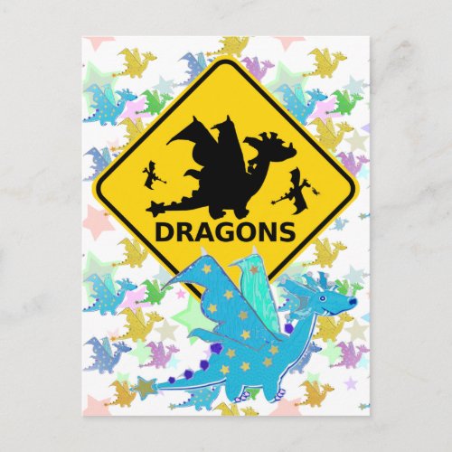Beware of Dragons Blue Cartoon Dragon Postcard
