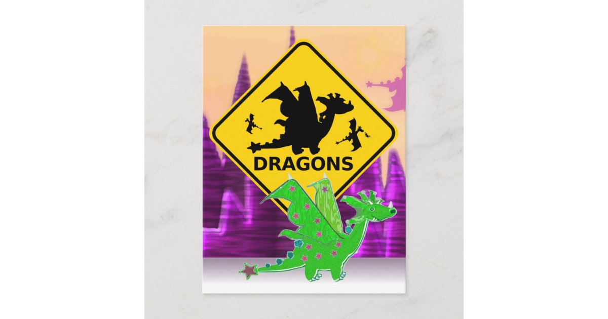 Beware of Dragons Sign Cute Cartoon Dragon Postcard | Zazzle
