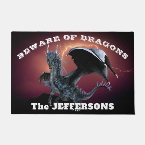 Beware of Dragons  with Dragon and Lightning Doormat