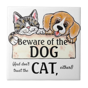 Beware of the Dog Cat Funny House Warning Sign Ceramic Tile