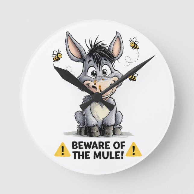 Beware Of The Mule Funny Donkey Warning Design Round Clock (Front)